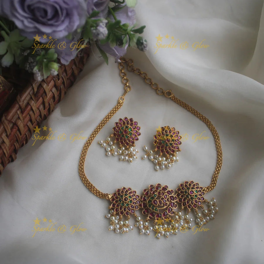 Premium Matt floral peacock kemp choker with beautiful earrings - Pink green - Sparkle and Glow