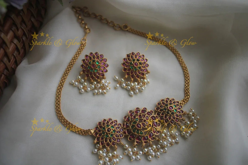 Premium Matt floral peacock kemp choker with beautiful earrings - Pink green - Sparkle and Glow