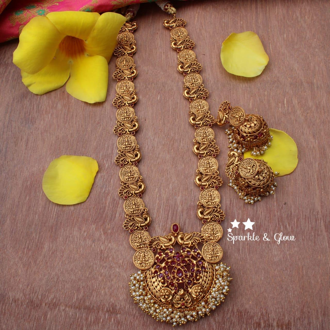 Gold alike polished coin and peacock design haram with kemp stones - Sparkle and Glow