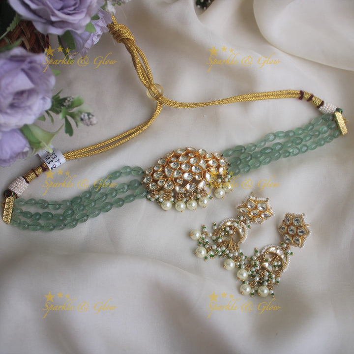 Statement white jadau stones light green beads high neck choker