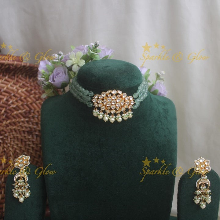 Statement white jadau stones light green beads high neck choker