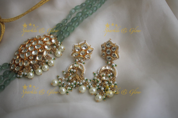 Statement white jadau stones light green beads high neck choker