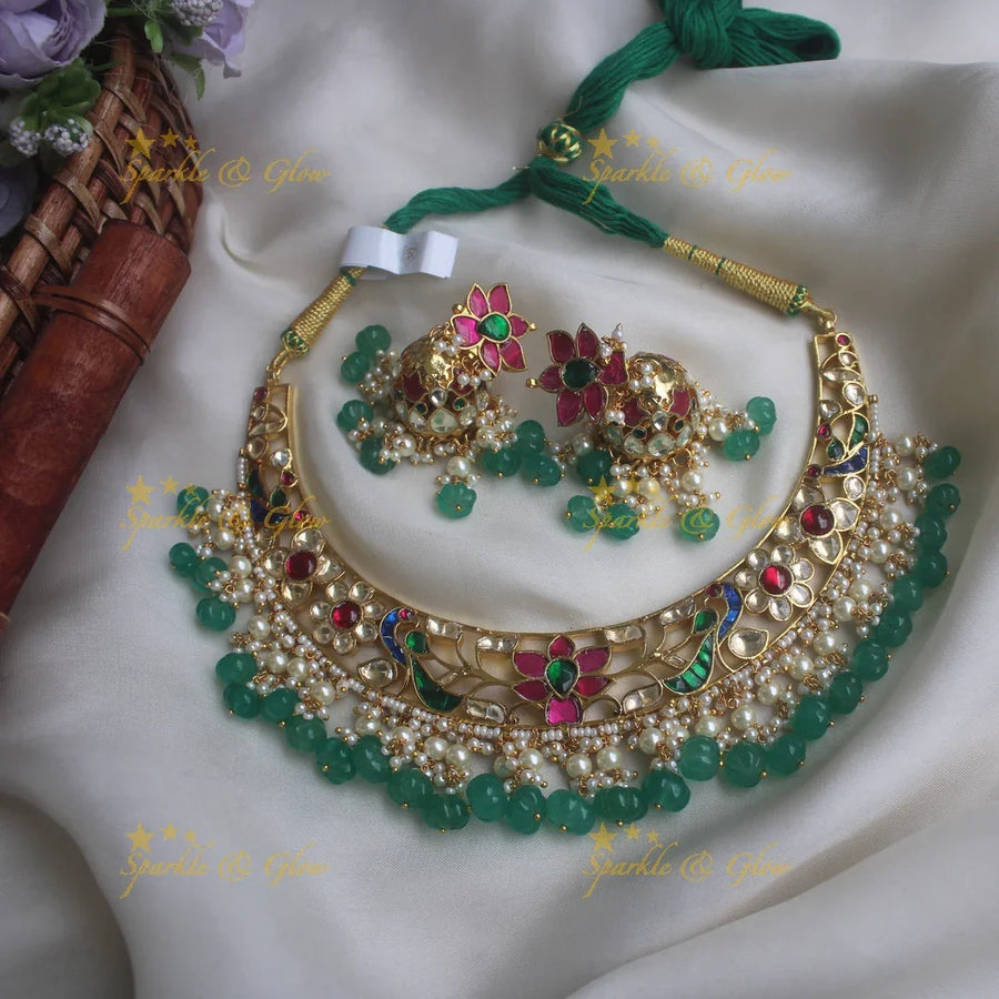 Statement Peacock hasli gutta pusalu choker with pumpkin beads - Sparkle and Glow
