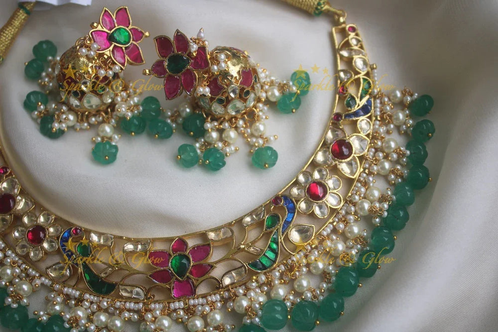 Statement Peacock hasli gutta pusalu choker with pumpkin beads - Sparkle and Glow