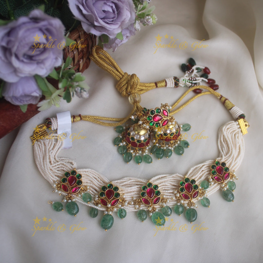 Statement floral pealr choker with grean beads