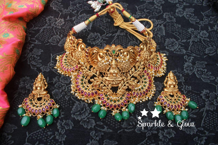 Gold alike intricate work lakshmi choker with pink beads - Sparkle and Glow