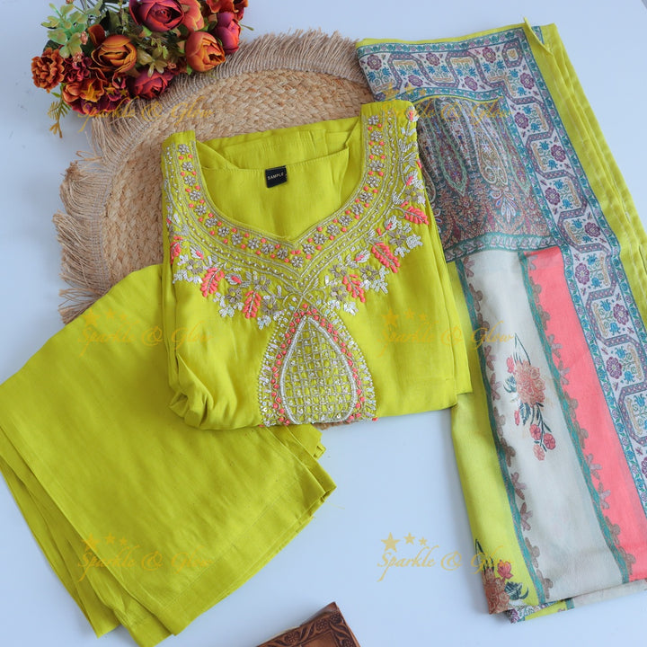 Stunning Modal Silk Kurti pant with digital Print Dupatta set - Lemon Yellow