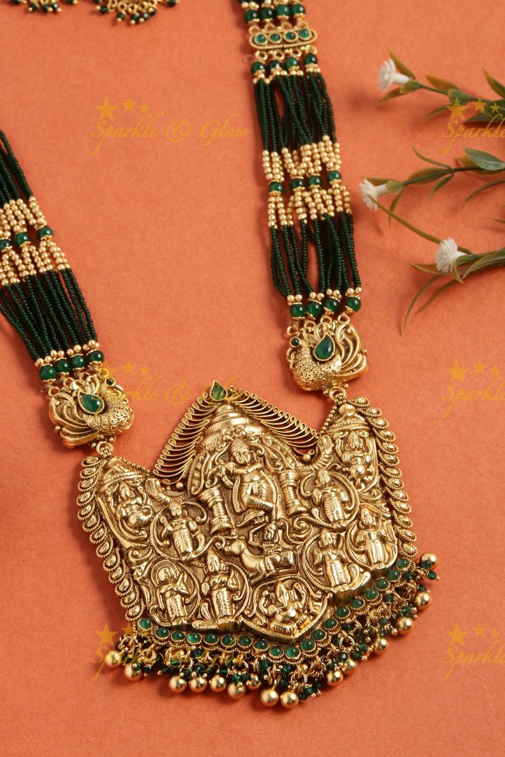 Gold alike lord krishna carved pendent multilayered black beads necklace - Sparkle and Glow - Back Thread - 