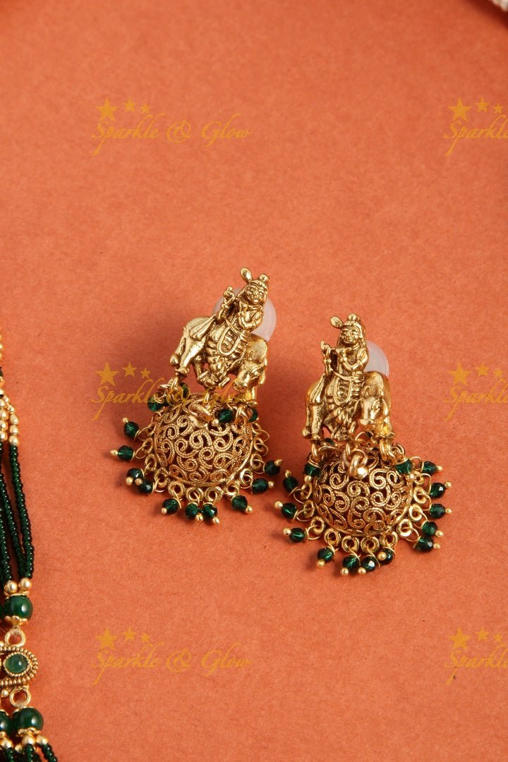 Gold alike lord krishna carved pendent multilayered black beads necklace - Sparkle and Glow - Back Thread - 