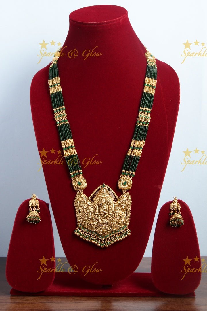 Gold alike lord krishna carved pendent multilayered black beads necklace - Sparkle and Glow - Back Thread - 