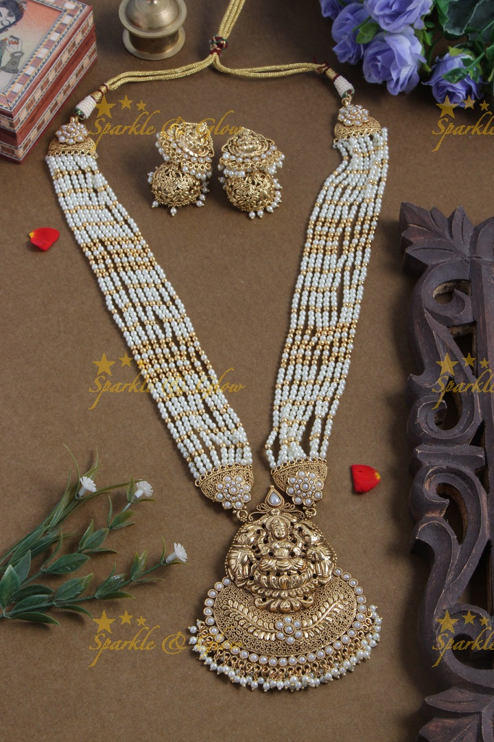 Gold alike lakshmi carved pendent multilayered pink beads necklace