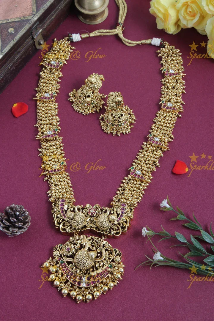 Gold alike cluster pearl beads peacock carved long necklace - Sparkle and Glow