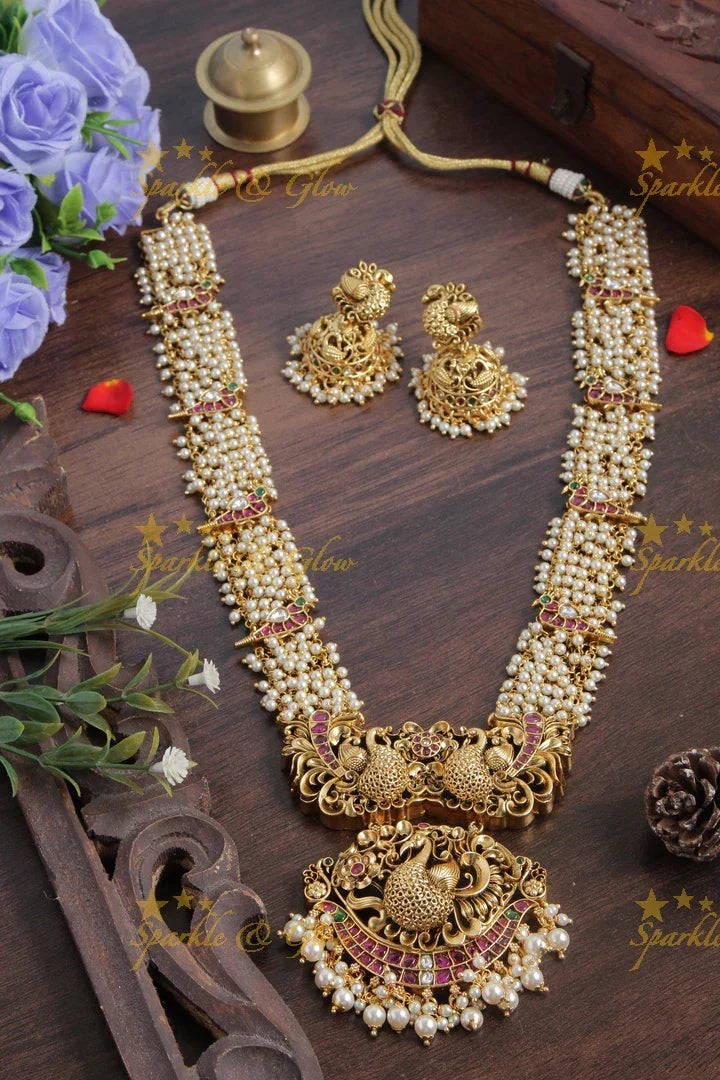 Gold alike cluster pearl beads peacock carved long necklace - Sparkle and Glow