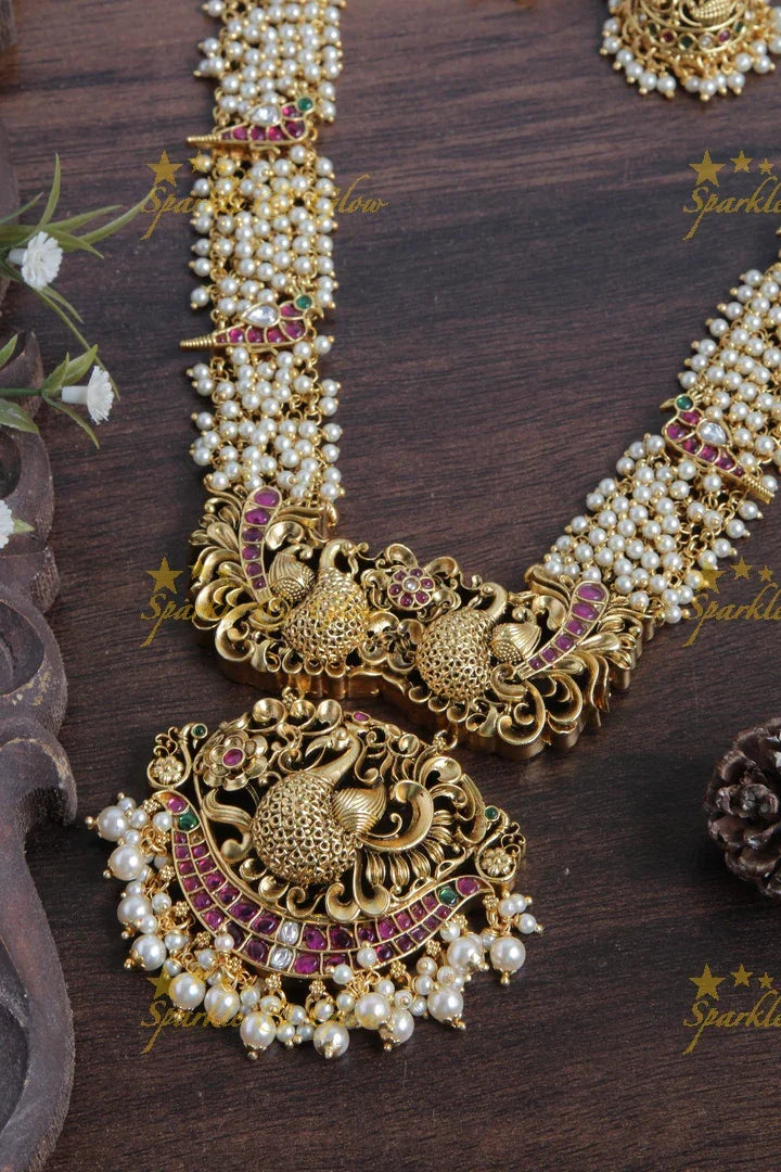 Gold alike cluster pearl beads peacock carved long necklace - Sparkle and Glow