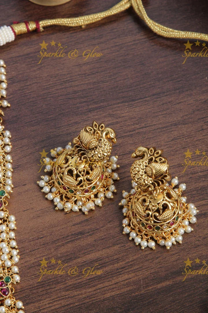 Gold alike cluster pearl beads peacock carved long necklace - Sparkle and Glow