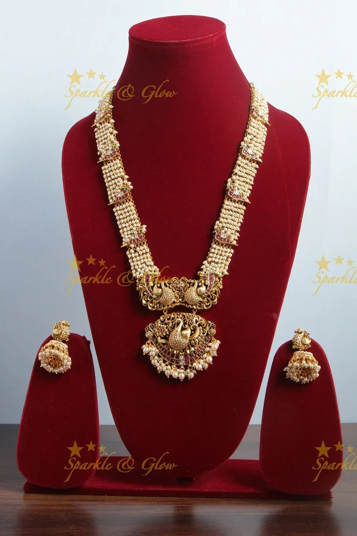 Gold alike cluster pearl beads peacock carved long necklace - Sparkle and Glow