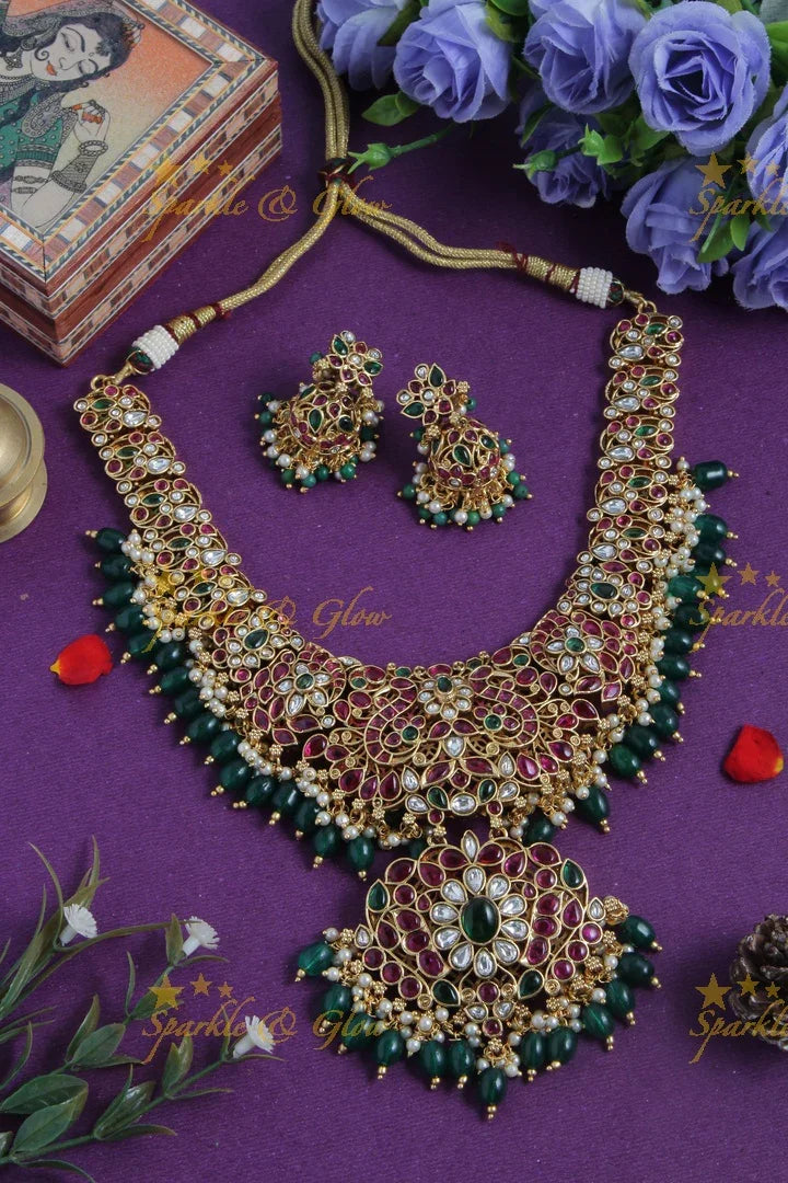 Gold alike floral peacock green beads necklace - Sparkle and Glow