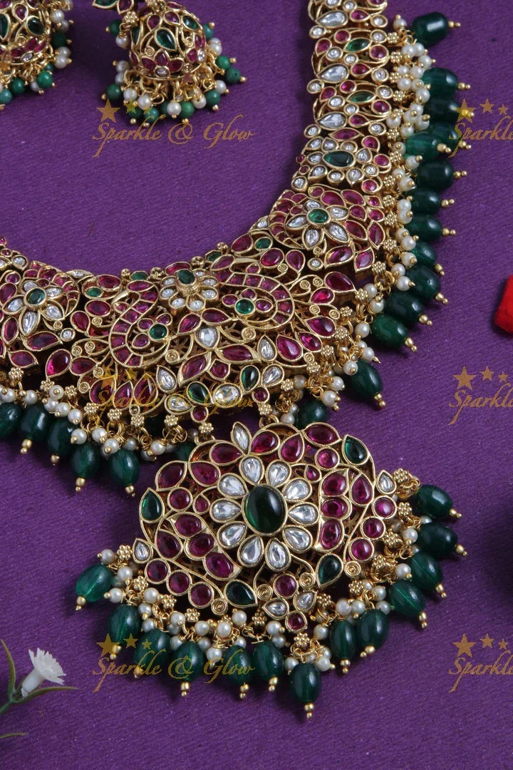 Gold alike floral peacock green beads necklace - Sparkle and Glow