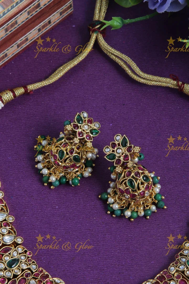 Gold alike floral peacock green beads necklace - Sparkle and Glow