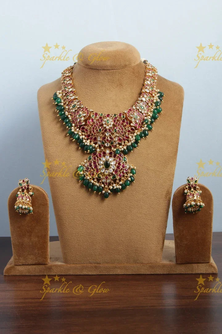 Gold alike floral peacock green beads necklace - Sparkle and Glow