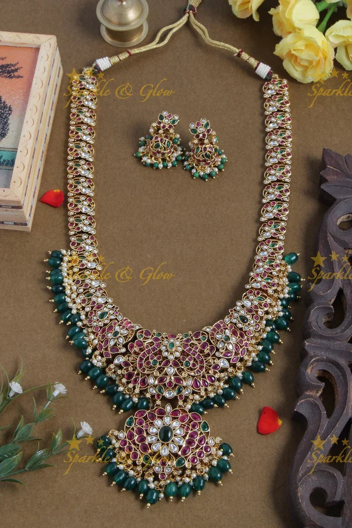 Gold alike royal non idol peacock haram with green beads - Sparkle and Glow