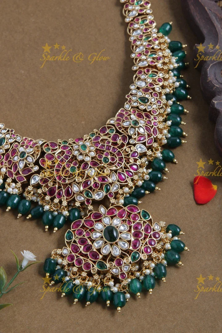 Gold alike royal non idol peacock haram with green beads - Sparkle and Glow