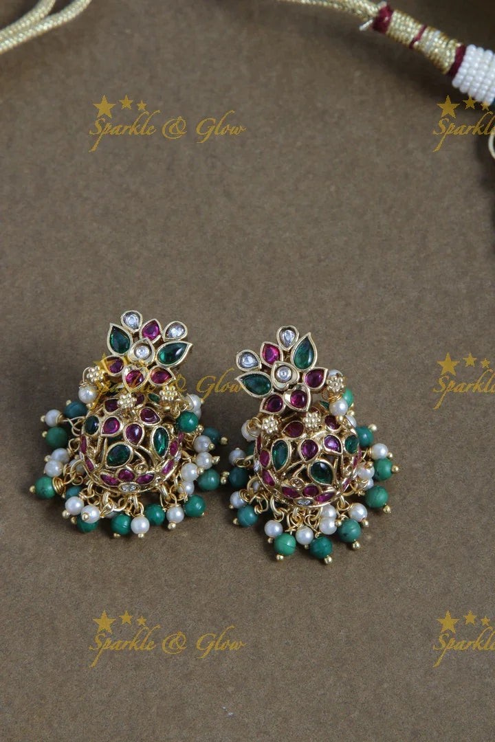 Gold alike royal non idol peacock haram with green beads - Sparkle and Glow