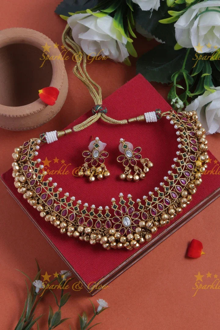 Gold alike floral gold cluster beads choker - Pink - Sparkle and Glow