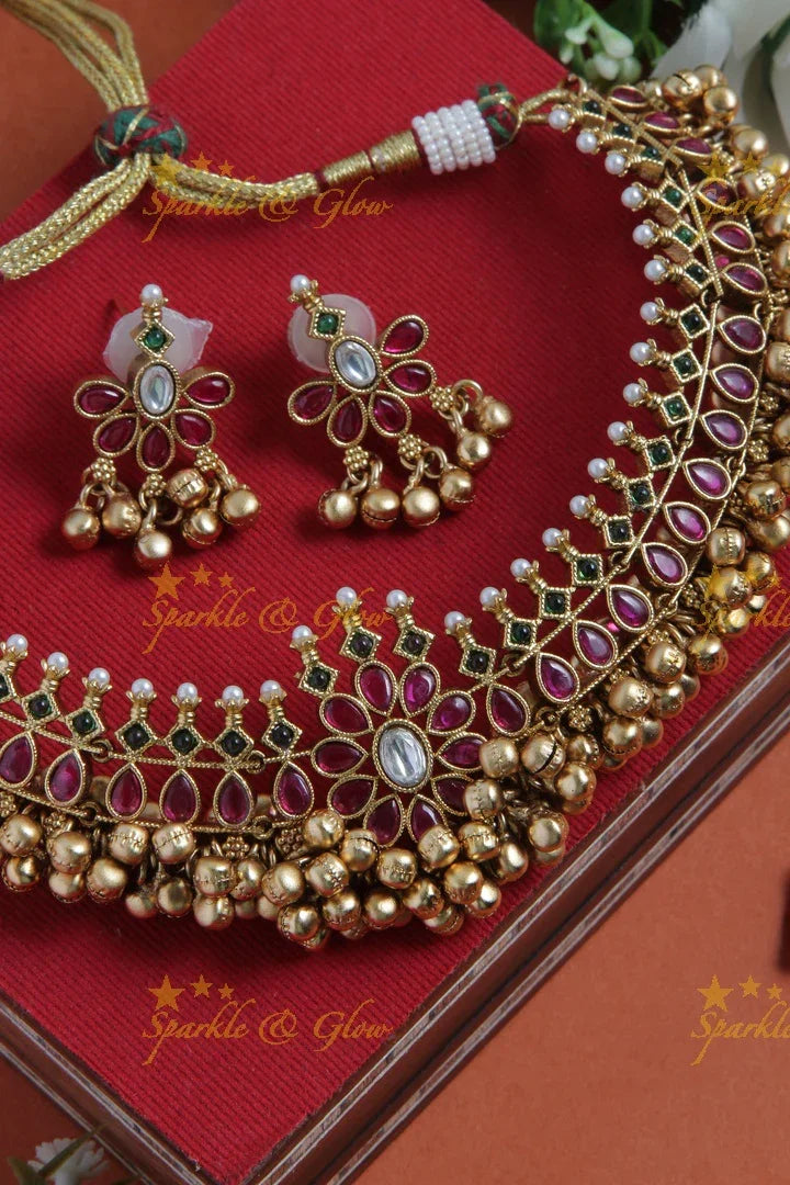 Gold alike floral gold cluster beads choker - Pink - Sparkle and Glow