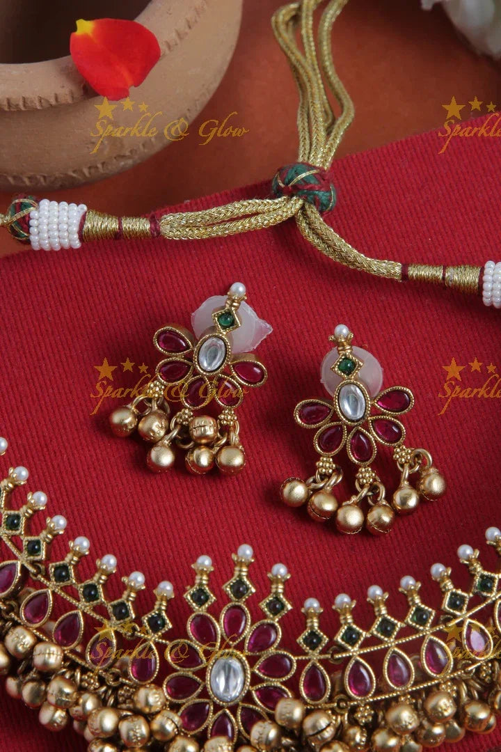 Gold alike floral gold cluster beads choker - Pink - Sparkle and Glow