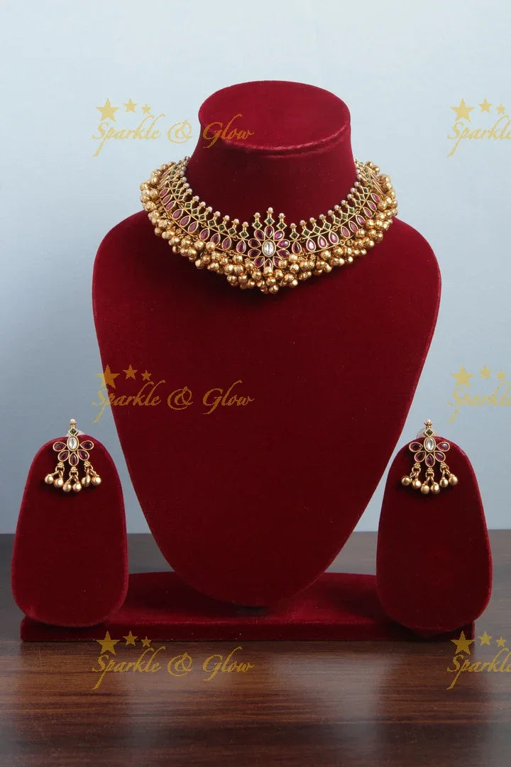 Gold alike floral gold cluster beads choker - Pink - Sparkle and Glow