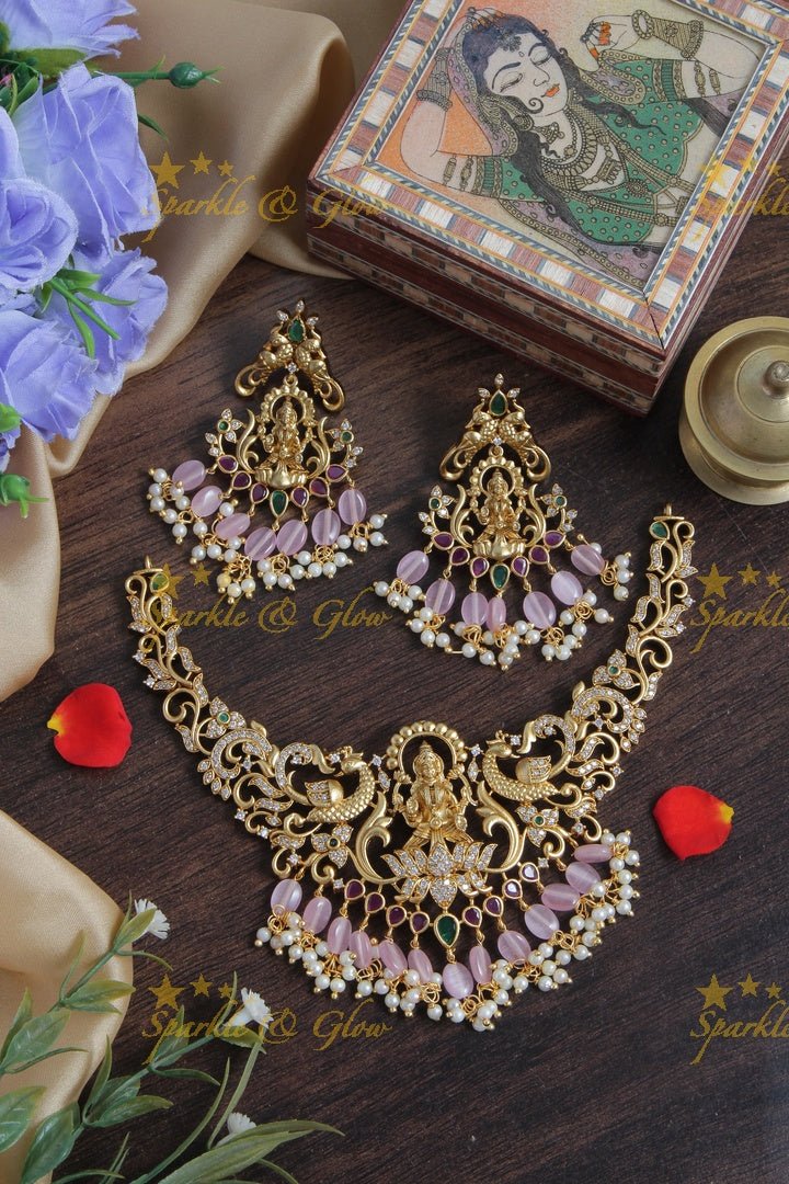 Premium Matt Lakshmi peacock necklace with Pink beads - Sparkle and Glow - Pink - Back Thread