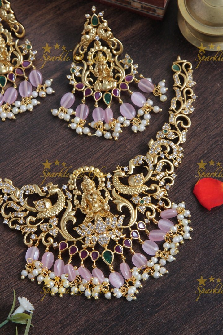 Premium Matt Lakshmi peacock necklace with Pink beads - Sparkle and Glow - Pink - Back Thread