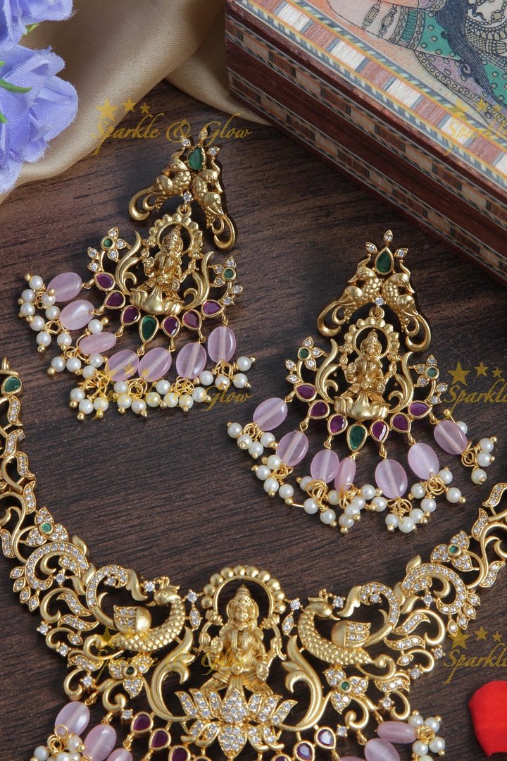 Premium Matt Lakshmi peacock necklace with Pink beads - Sparkle and Glow - Pink - Back Thread