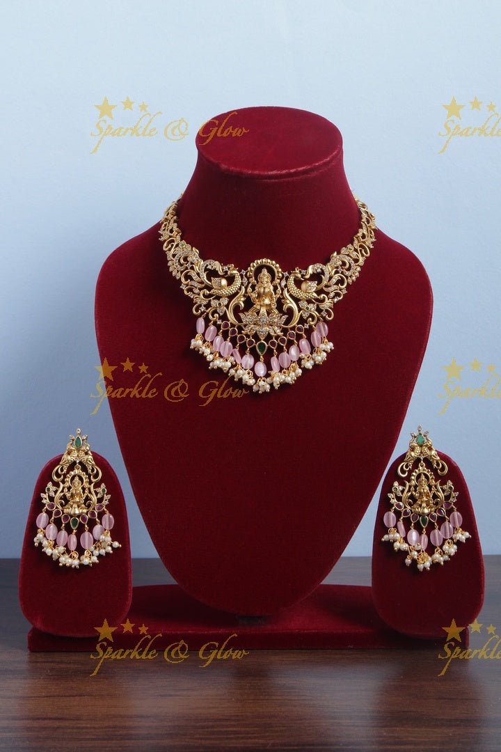 Premium Matt Lakshmi peacock necklace with Pink beads - Sparkle and Glow - Pink - Back Thread