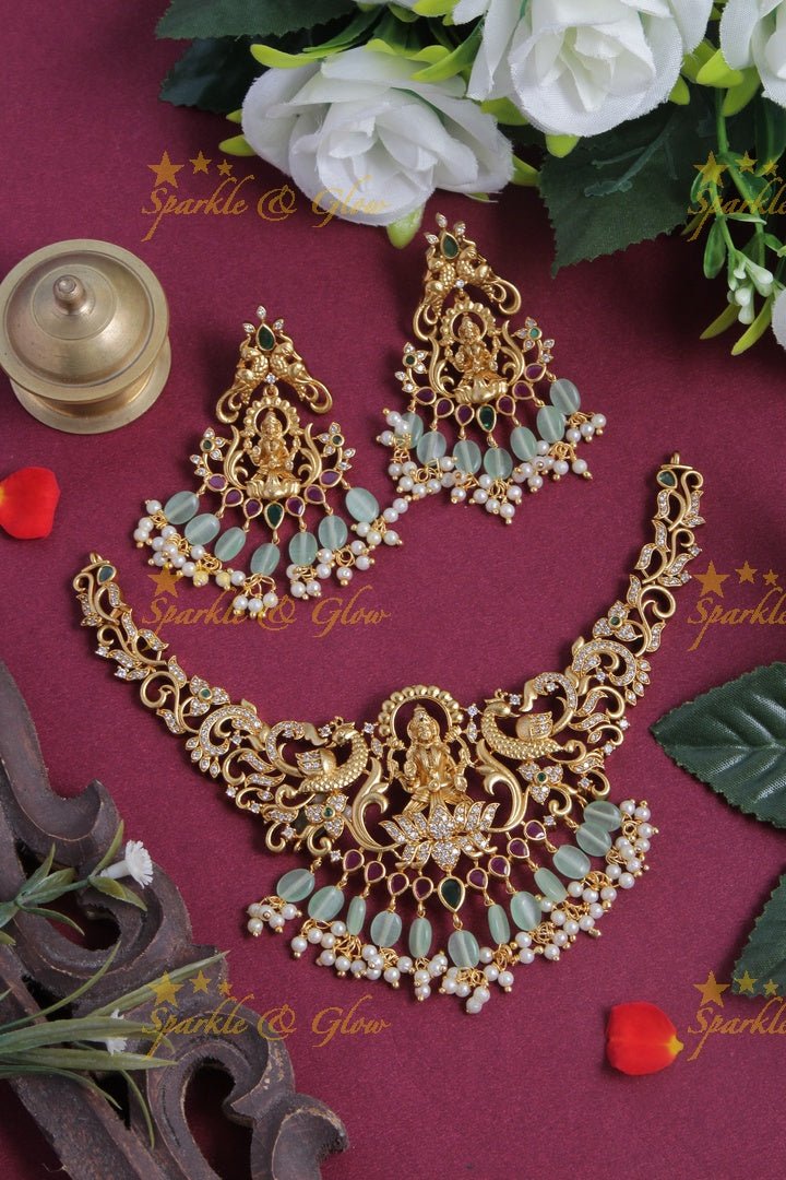 Premium Matt Lakshmi peacock necklace with Pink beads - Sparkle and Glow - Mint Green - Back Chain