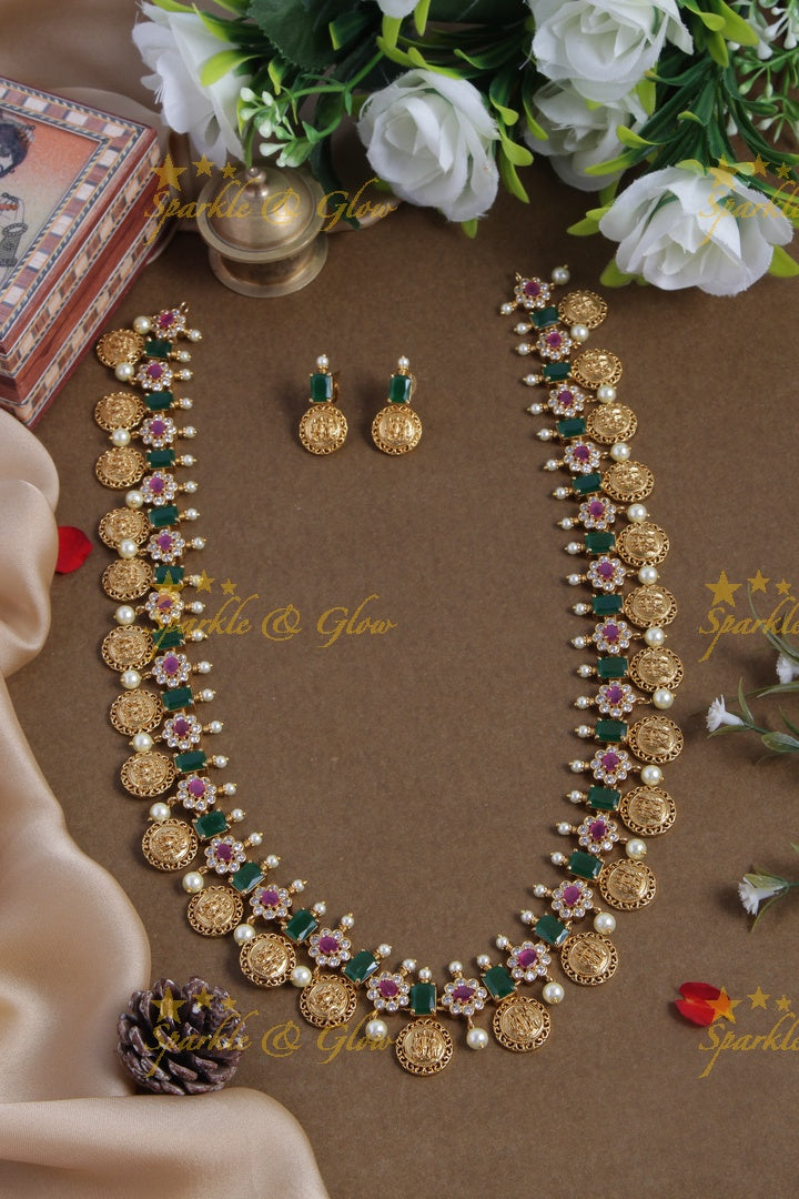 Premium Matt long floral ram sita coin necklace