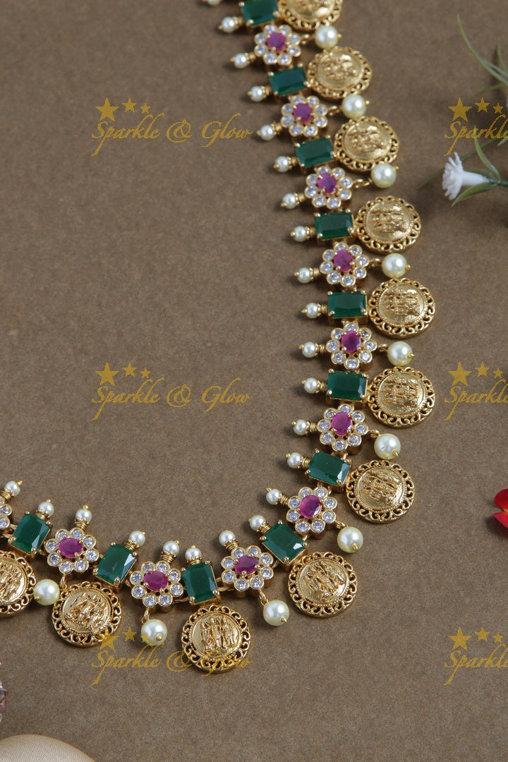Premium Matt long floral ram sita coin necklace