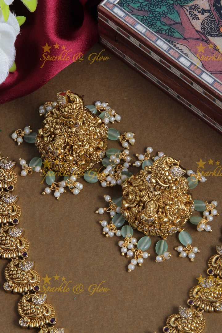 Gold alike elegant Lakshmi necklace with mint green beads