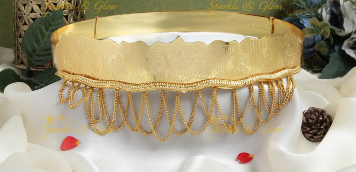 Gold polished budgetted plain lakhsmi hipbelt with chain hangings