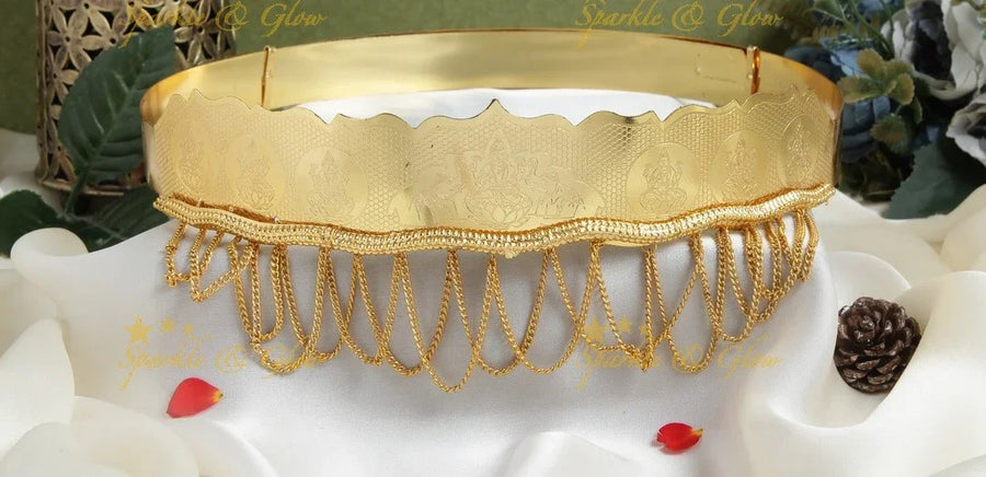 Gold polished budgetted plain lakhsmi hipbelt with chain hangings - Sparkle and Glow
