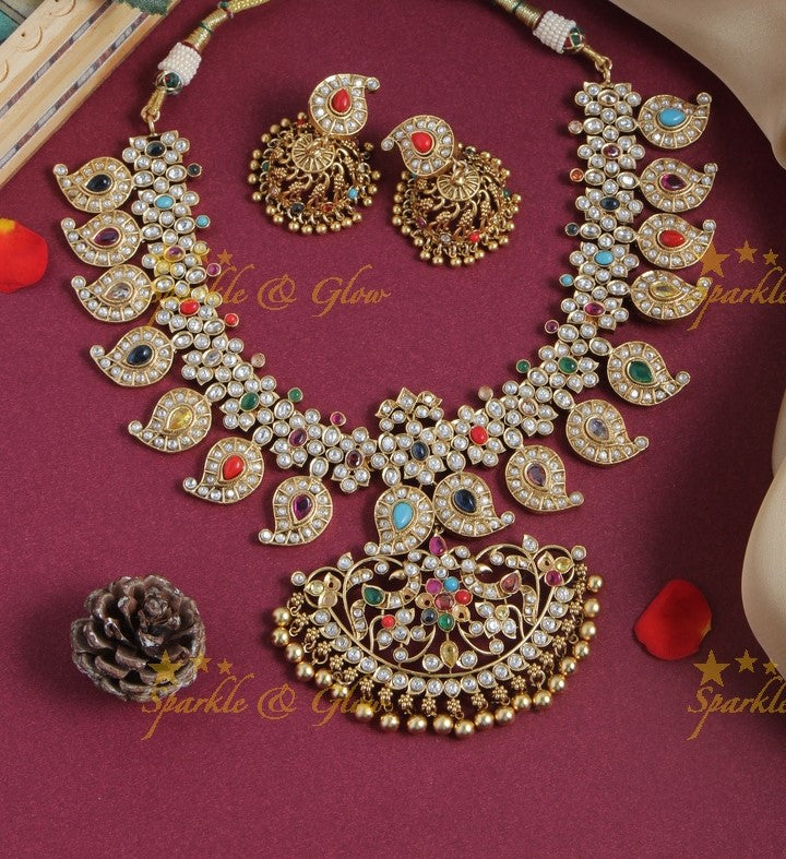 Beautiful gold alike mango floral short necklace - white