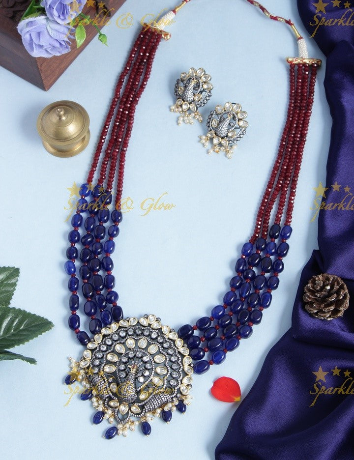 Glittering black polish victoira stones peacock pendent beads long necklace - Blue