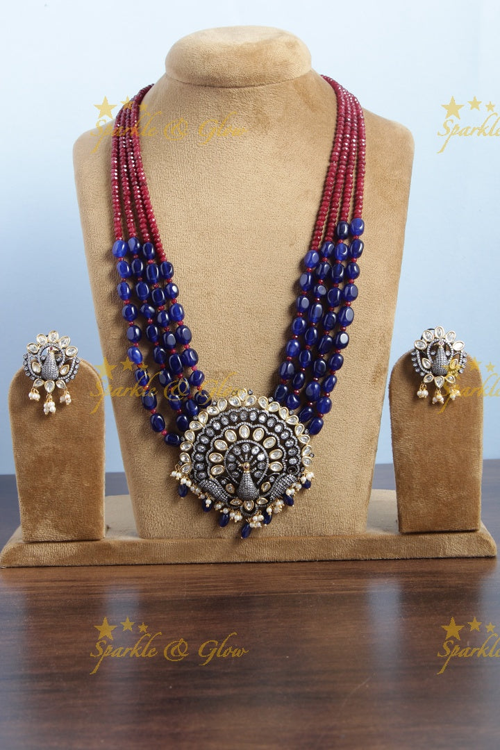 Glittering black polish victoira stones peacock pendent beads long necklace - Blue