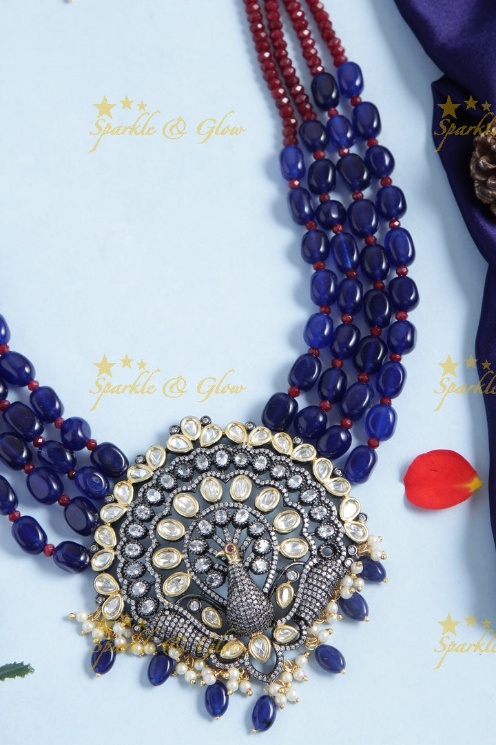 Glittering black polish victoira stones peacock pendent beads long necklace - Blue