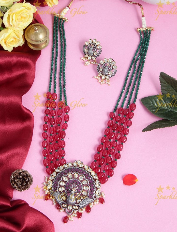 Glittering black polish victoira stones peacock pendent beads long necklace - Pink