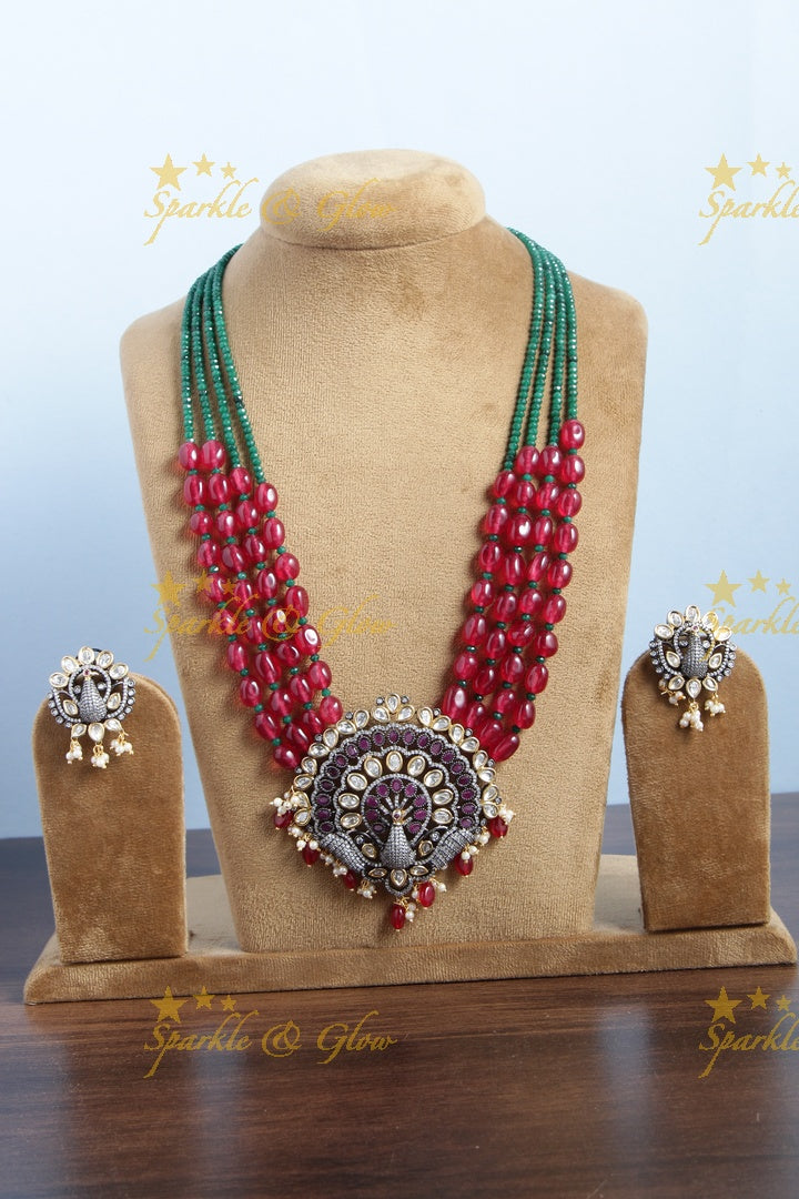 Glittering black polish victoira stones peacock pendent beads long necklace - Pink