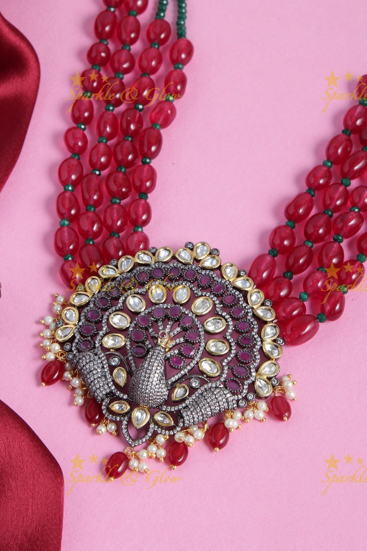 Glittering black polish victoira stones peacock pendent beads long necklace - Pink