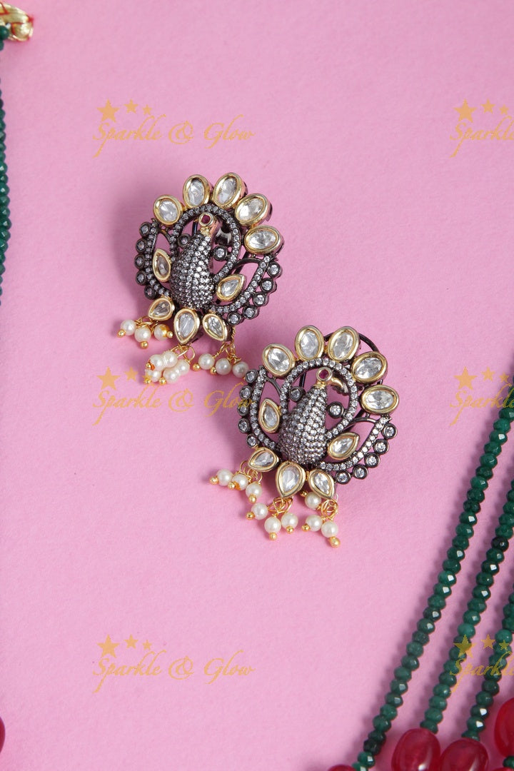 Glittering black polish victoira stones peacock pendent beads long necklace - Pink