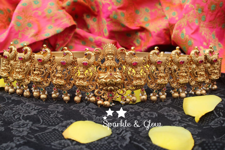 Antic polished nagas, lakshmi and peacock design hipbelt with real kemp stones